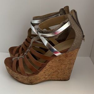 Jimmy Choo two tone tan and silver wedges